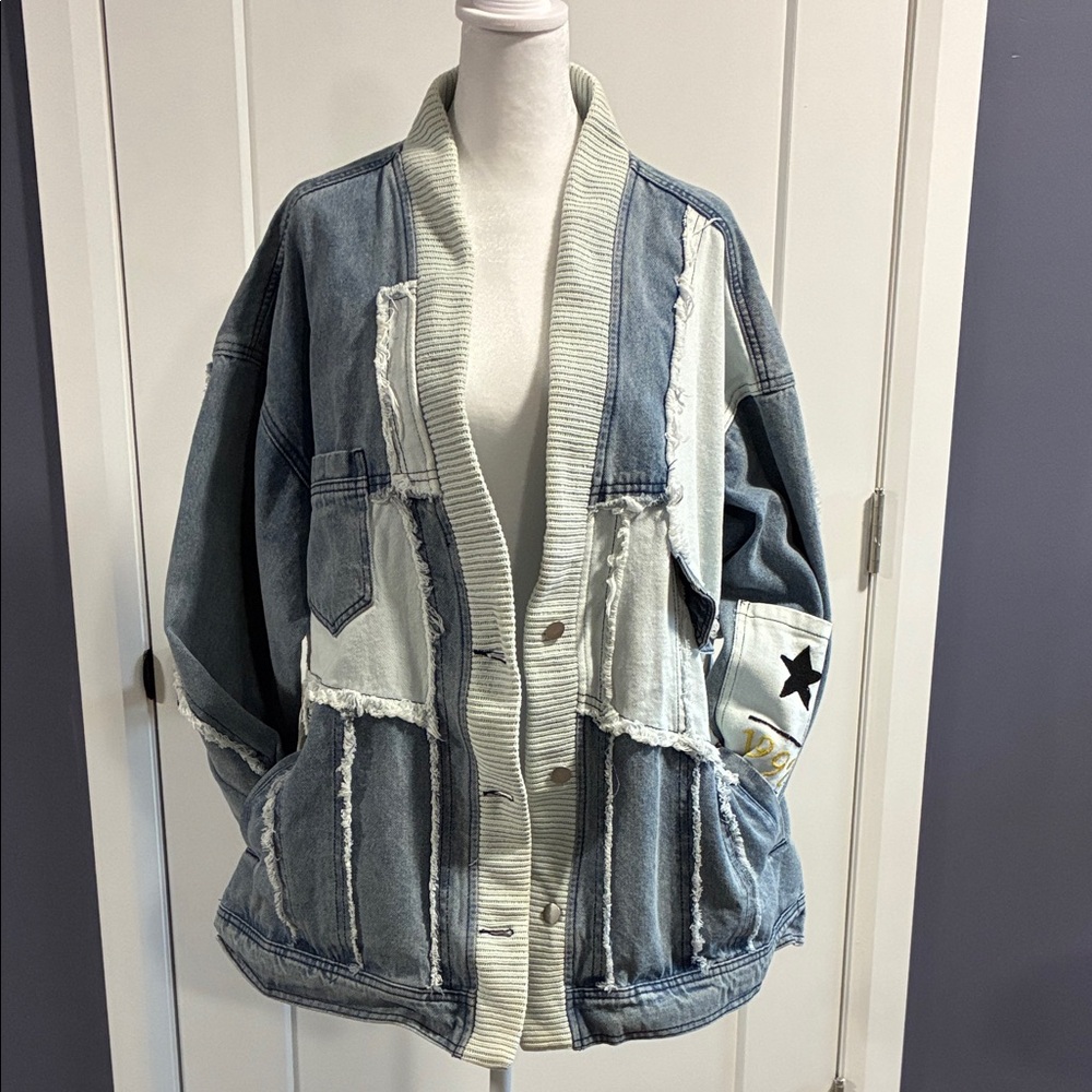 POL Oversized Blue Denim Jacket with Knit Trim Size L but fits XXL